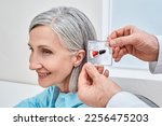 Small photo of Invisible In-The-Canal hearing aids. Doctor demonstrates display stand with ITC and ITE hearing aids near ear of beautiful female patient in audiology center