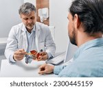 Small photo of Doctor urologist consulting patient with prostatitis, explaining to him methods of treatment using anatomical model of male reproductive system. Prostatitis treatment