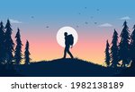 Backpacker freedom - Silhouette of man walking over hilltop in landscape with sun in background. Travelling and journey concept. Vector illustration.
