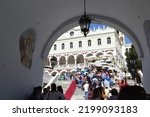 Small photo of Tinos island, Greece - September 2 2017: People visiting "Our Lady of Tinos"-"The All-Holy Bringer of Good News" - "She of Great Grace" (Greek: Panagia Evaggelistria) Christian orthodox church