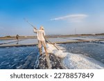 Small photo of Vung Tau, VIETNAM - MAR 18 2023: Sea salt process made from pile of salt in the salt pan by worker at rural area of Long Dien. Salt fields is one of the most unique destinations in Viet Nam