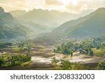 Small photo of Aerial image of rice terraces in Sang Ma Sao, Y Ty, Lao Cai province, Vietnam. Landscape panorama of Vietnam, terraced rice fields of Sang Ma Sao. Spectacular rice fields. Stitched panorama shot
