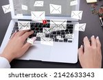 Small photo of Laptop, hands on keyboard and email icons with PHISHING ALERT warning scam, spam, malware, spyware. Information poster. High quality photo