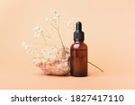 Small photo of A glass bottle with aromatic oil or serum on a stone and little twig with flowers near. Natural Organic Spa Cosmetic concept. Front view.