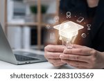 Small photo of Elearning graduate certificate program concept, businessman hand holding light bulb with Internet education course degree, study knowledge, creative thinking idea, problem solving solution, AI.