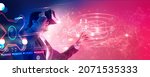 Small photo of Metaverse Technology concept. Businessman use VR virtual reality goggle and experiences of metaverse virtual world for business future. Visualization, Virtual augmented reality on social network.