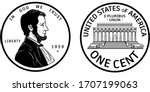 High quality one cent coin US America . Abraham Lincoln Observe and Lincoln memorial reverse 1959 penny black and white isolated vector