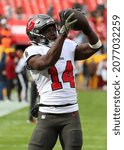 Small photo of Nov 14, 2021; Landover, MD USA; Tampa Bay Buccaneers wide receiver Chris Godwin (14) catches a pass before an NFL game at FedEx Field. (Steve Jacobson, Image of Sport)