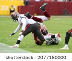 Small photo of Nov 14, 2021; Landover, MD USA; Tampa Bay Buccaneers linebacker Shaquil Barrett (58) and Washington Football Team John Bates (87) during an NFL game at FedEx Field. (Steve Jacobson, Image of Sport)