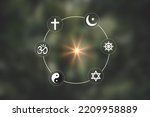 Religious symbols. Christianity cross, Islam crescent, Buddhism dharma wheel, Hinduism aum, Judaism David star, Taoism yin yang, world religion concept. Prophets of all religions bring peace to world.