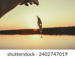 Small photo of Wobbler on the background of the sunset designed for catching predatory fish Fishing lures. Fishing.