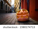 Halloween pumpkin on old town...