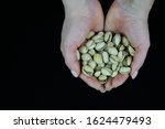 Woman hands holding a wooden bowl with mixed nuts. Healthy food and snack. Walnut, pistachios, almonds, hazelnuts and cashews