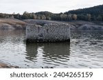 Small photo of Sau reservoir (Panta de Sau) in Catalonia in November 2023 - as a result of the extreme drought the ruins of the former town of 'Sant Roma de Sau' reappear