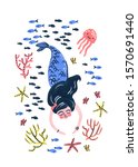 watercolor cute mermaid  fish ... | Shutterstock . vector #1570691440
