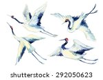 Watercolor Flying Crane Bird...