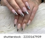 Silver French nails, almond shape acrylic pink nails with nail art
