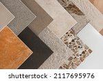 Colored samples of ceramic tiles for kitchen or bathroom interior material design of house, floor, porcelain stoneware.