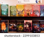 Small photo of Yogyakarta, Indonesia - May 5, 2023. Rick Riordan books are sold at Gramedia bookstore. Indonesian Edition of Percy Jackson and The Trials of Apollo are displayed in Indonesian bookstore. Bestseller.