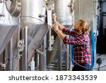 Small photo of Brewery Worker Checking Fermentation Process In Steel Vat referring to a notepad