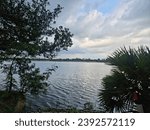 beautiful photograph of lakeside view palm bushes trees river Bank turquoise blue water cloudy day greenery fertile dam reservoir pond south india tamilnadu tourism wallpaper negative empty space 