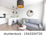 Small photo of Warsaw, Masovian/ Poland - 18 November 2019 Modern Studio apartament, condo with white brick wall, kitchen annex and gray couch.