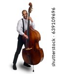 Small photo of Jazzman with double bass. Vertical portrait on white background. Skillful man playing a pizzicato melody on a string instrument, swing, blues.