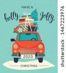 Christmas Card. Red Retro Car...
