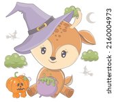 cartoon witch deer with pumpkin.... | Shutterstock .eps vector #2160004973