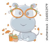 cartoon hippo with pumpkin... | Shutterstock .eps vector #2160012979