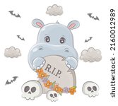 halloween hippo with cartoon... | Shutterstock .eps vector #2160012989