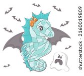 halloween seahorse with a ghost.... | Shutterstock .eps vector #2160019809