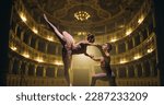 Small photo of Cinematic shot of Two Young Classical Ballet Dancers Performing on Theatre Stage with Dramatic Lighting. Professional Male and Female Performers Rehearse their Choreography Together Before the show