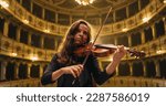 Small photo of Cinematic Portrait of Female Violinist Playing Violin in an Orchestra Show on the Stage of a Classic Theatre. Musician Rehearsing for a Big Classical Music Concert