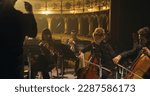 Small photo of Cinematic Shot of Symphony Orchestra Musicians Performing on the Stage of a Classic Theatre During a Classical Music Concert. Focused Performers Playing Different Instruments