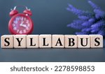 Small photo of SYLLABUS - word on wooden cubes on a gray background with an alarm clock and a branch of lavender