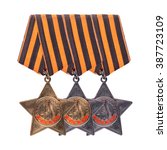 Small photo of Nonexistent awards of the nonexistent country. Soviet military of Order of Glory three degrees. It is isolated, the worker of paths is present.