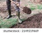 Small photo of A man in boots working in the garden digs black soil. Close-up of a shovel digging. A worker with a shovel digs a garden bed during agricultural work. Concept - a man with a shovel digs a garden bed
