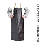 Small photo of Working apron, protection against water and dirt. Protective rubber apron. Overalls to protect workers from harmful production factors. Rubberized oversleeves for personal protection with rubber cuff.