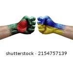 Two hands punch to each others on white background. Country flags painted fists, conflict crisis concept between bangladesh and ukraine