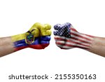 Two hands punch to each others on white background. Country flags painted fists, conflict crisis concept between ecuador and usa