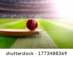 Small photo of cricket leather ball resting on bat on the stadium pitch