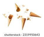 ice cream wafer cones  isolated on white background with broken wafer cone different angle wafer cones crispy texture.