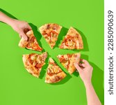 Small photo of American pizza with salami, pepperoni, and jalapeno on a bright green background, featuring hard shadows and minimalist style. Two hands grabbing slices. Perfect for a pizza party or casual meal.