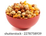 A Trail Mix of Various Rice Crackers a Spicy and Salty Snack Isolated on a White Background