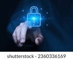 Businessman selects a lock icon on a virtual display. Internet network security concept, website connection. to prevent hackers from cyber attacks Digital technology, user privacy encryption