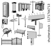 Collection of urban furniture vector silhouette. London phone booth, road signs, unipole, billboard, bus stop, bench, newspaper stand