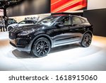 Small photo of Brussels, Belgium, Jan 09, 2020: metallic black Jaguar E-PACE S D150 AWD at Brussels Motor Show, X540, subcompact luxury crossover SUV produced by Jaguar