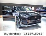 Small photo of Brussels, Belgium, Jan 09, 2020: metallic black Jaguar E-PACE S D150 AWD at Brussels Motor Show, X540, subcompact luxury crossover SUV produced by Jaguar