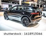 Small photo of Brussels, Belgium, Jan 09, 2020: metallic black Jaguar E-PACE S D150 AWD at Brussels Motor Show, X540, subcompact luxury crossover SUV produced by Jaguar